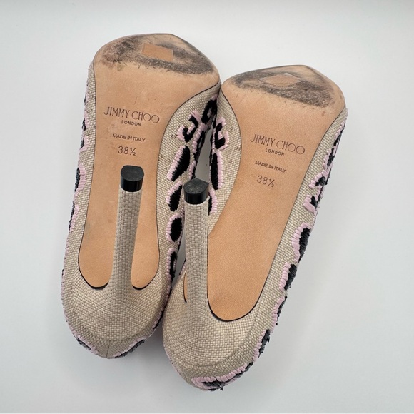 Jimmy Choo Woven Raffia Leopard Pink Black Natural Motif Romy Pumps Heels - Picture 12 of 12